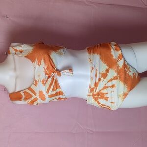 Zaful Orange And White Tie Dye Knot Front Bikini With Ruched Bottoms Large